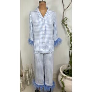 Party Pajamas Set with Detachable Ostrich Feathers in Blue Vichy
